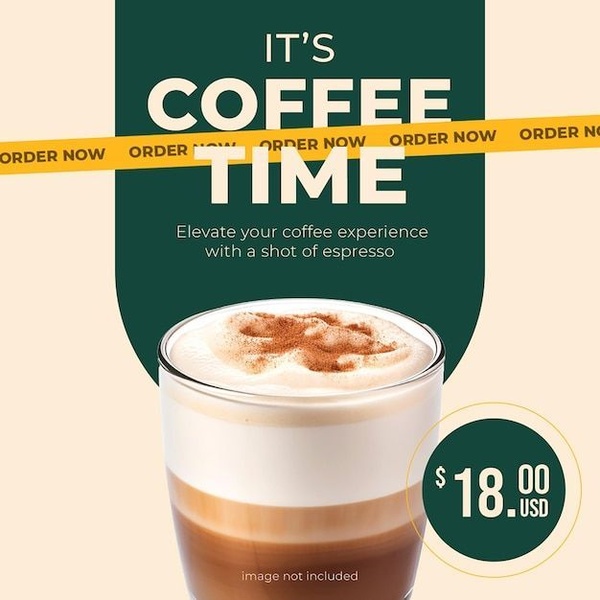 espresso drink, coffee beverage, latte coffee, cappuccino, espresso shot, coffee order, product launch, daily deal, minimalist, modern typography, bold, warm, green, neutral, yellow
